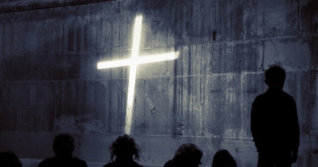picture of people in darkness seeing the light of a cross cast on a wall