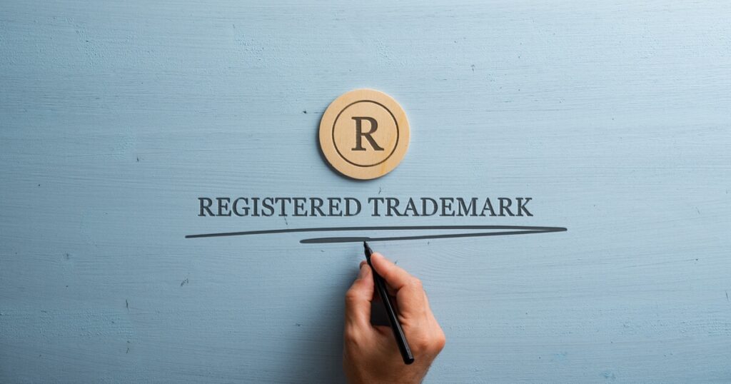 Hand underscoring a registered trademark to identify the when to use TM vs. R symbol.
