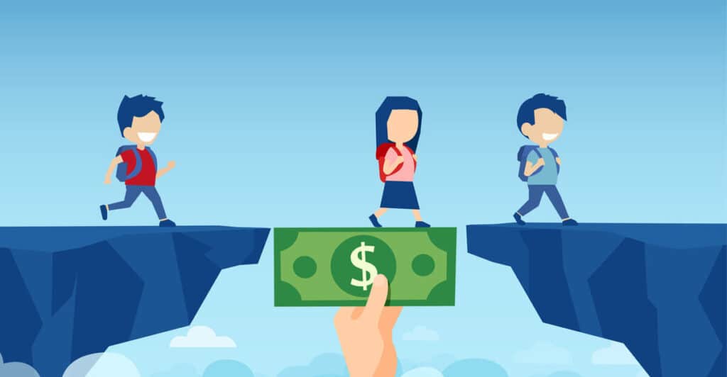 An image of students crossing a cavern via a dollar bill reminds us that the federal scholarship tax credit can help students bridge educational gaps.